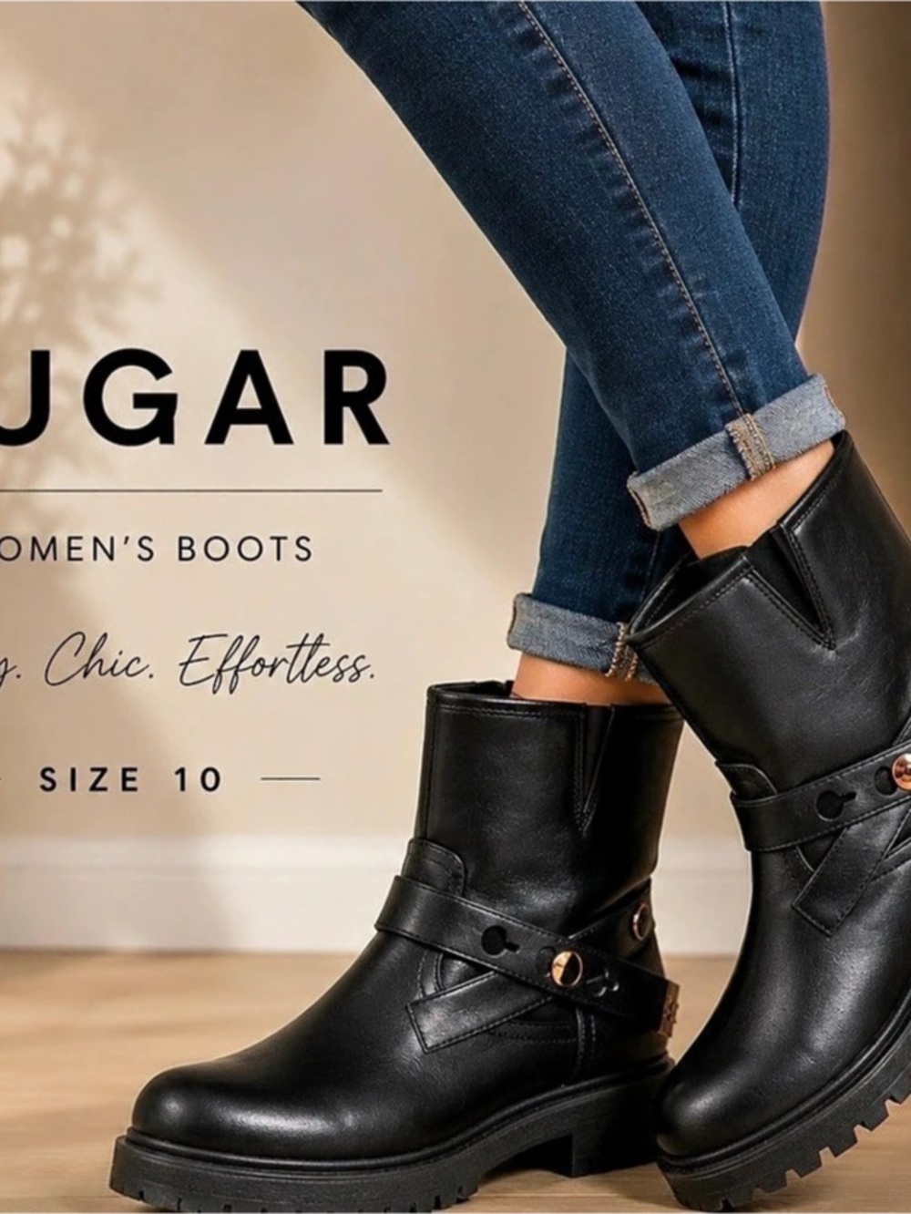 Sugar Crasher Lug Sole Moto Boots Black US 10